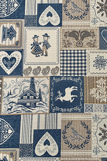 Dekoračná žakárová látka PATCHWORK SRDCE MODRÉ