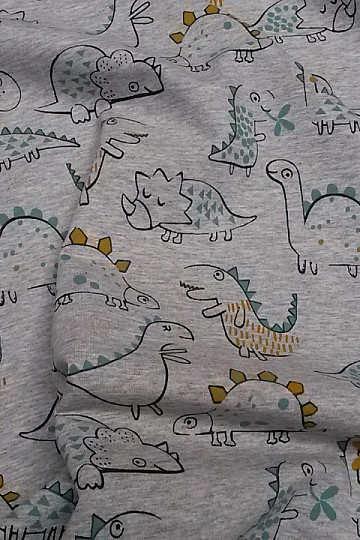 Bavlnený úplet potlač DINOSAURI sivá