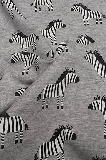 Bavlnený úplet potlač ZEBRY sivá