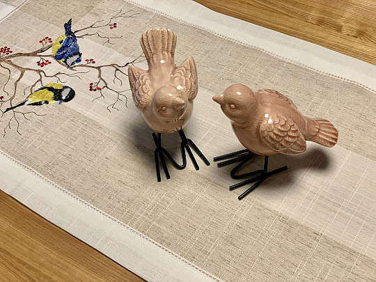 Vyšívaný ubrus a šál SÝKORKY