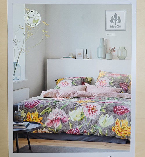 IRISETTE luxusný bavlnený satén MAGIC GRAU 11 FAREBNÉ KVETY