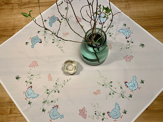 Vyšívaný obrusy a šály SLIEPOČKY modré