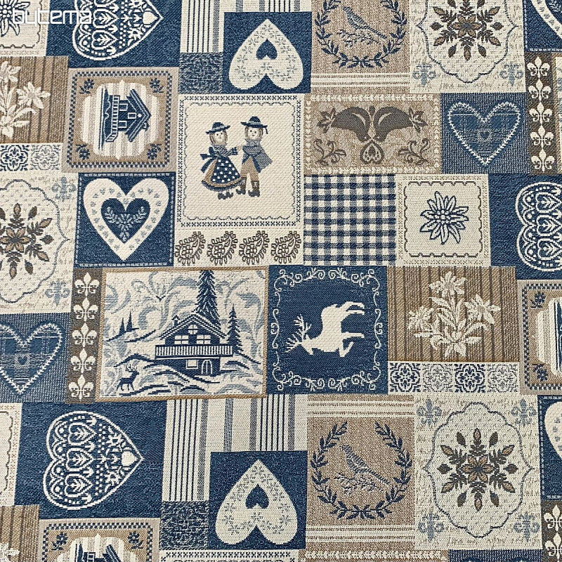 Dekoračná žakárová látka PATCHWORK SRDCE MODRÉ