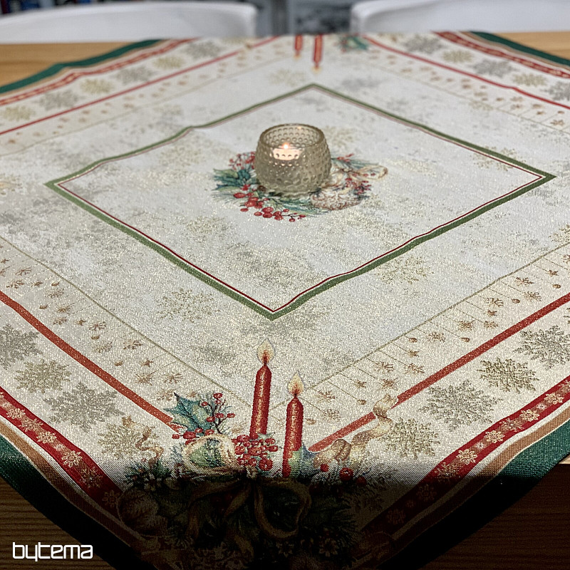Gobelínový obrus a šál PLANÚCE SVIEČKY zelený lem