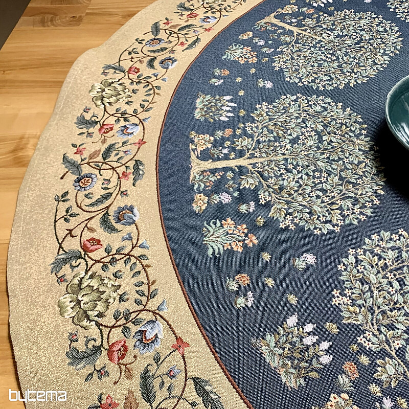 Gobelínový obrus okrúhly STROM ŠŤASTIA modrý