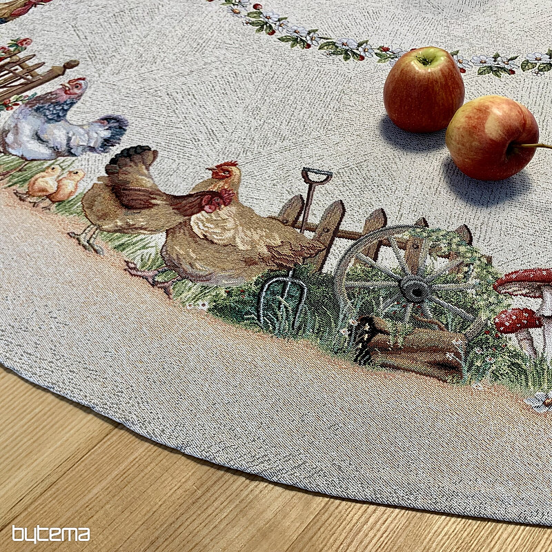 Gobelínový obrus okrúhly KOHÚT PRI PLOTE