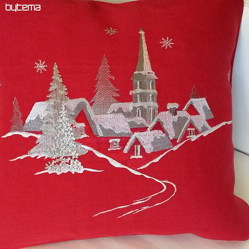 Vyšívaný dekoračné povlak Vianočná krajina červený