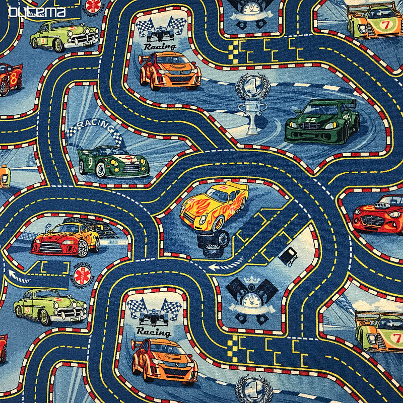 Detský metrážový koberec RACERS 77 Modrý