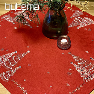 Vyšívaný vianočný obrus červený so striebornými hviezdami