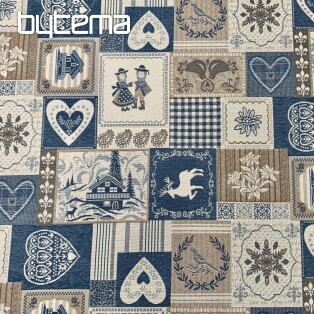 Dekoračná žakárová látka PATCHWORK SRDCE MODRÉ