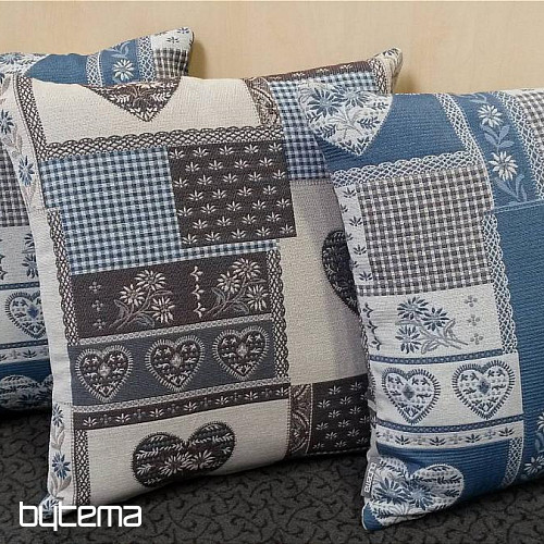 Dekoračný vankúš gobelín SRDCE PATCHWORK šedomodrý