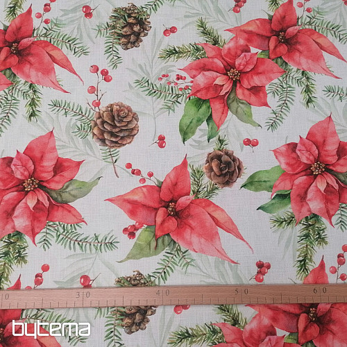 Vianočná dekoračná látka Vianočná hviezda a šišky