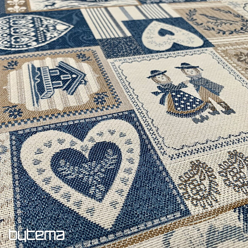 Dekoračná žakárová látka PATCHWORK SRDCE MODRÉ