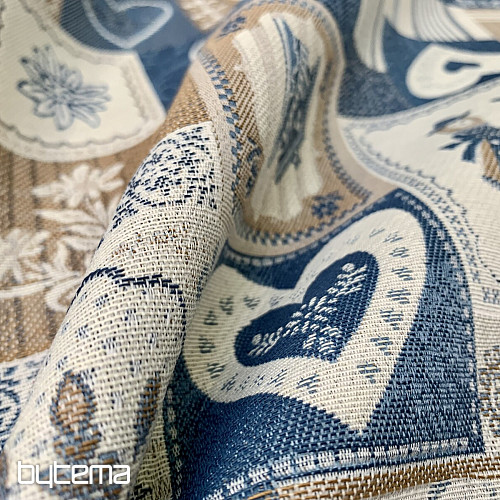 Dekoračná žakárová látka PATCHWORK SRDCE MODRÉ