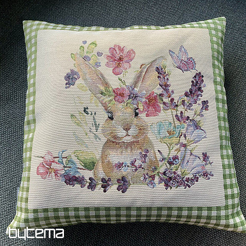 Gobelínová obliečka na vankúš ZAJAČIK V RÁME zelené káro