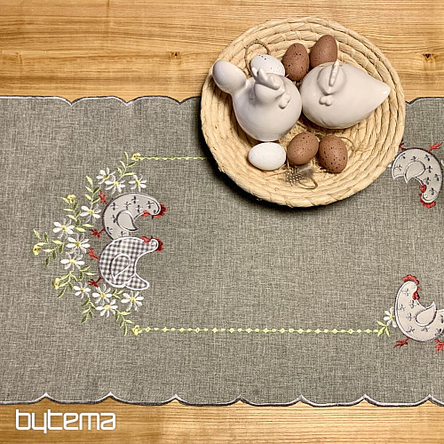 Vyšívaný veľkonočný obrus a šál SLEPICE A KVETY šedý