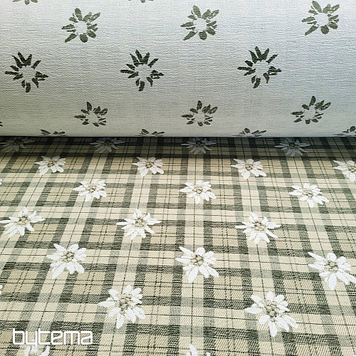 Luxusná dekoračná látka KVETY A KÁRO zelená
