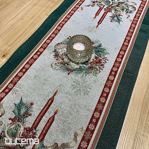 Gobelínový obrus a šál PLANÚCE SVIEČKY zelený lem