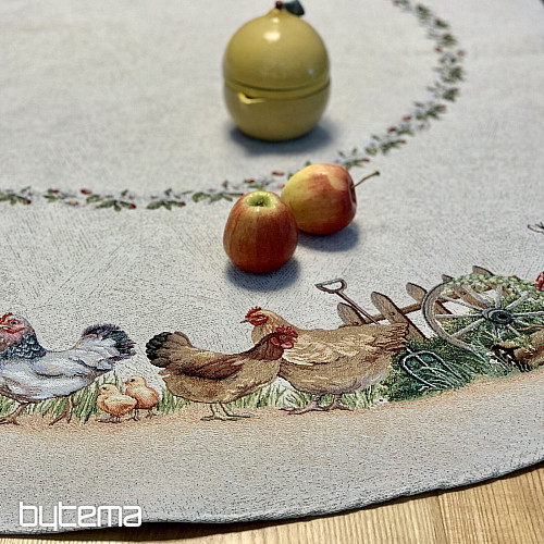 Gobelínový obrus okrúhly KOHÚT PRI PLOTE