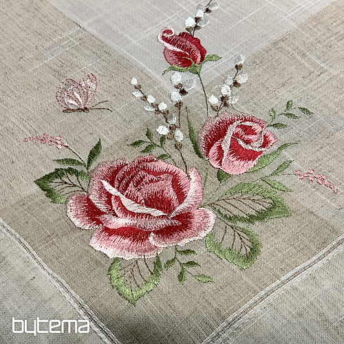 Vyšívaný obrus a šál Ruže a mačičky