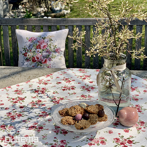 Obrus a šál KVETY LINO červená