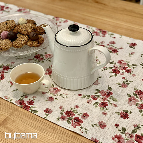 Obrus a šál KVETY LINO červená