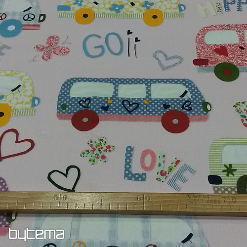 Detská dekoračná látka HIPPIE CARS růžová