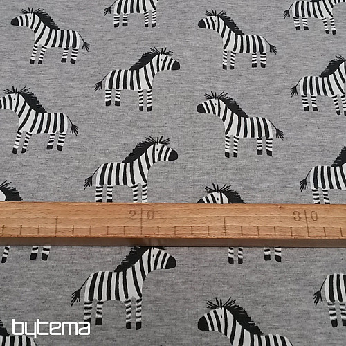 Bavlnený úplet potlač ZEBRY sivá